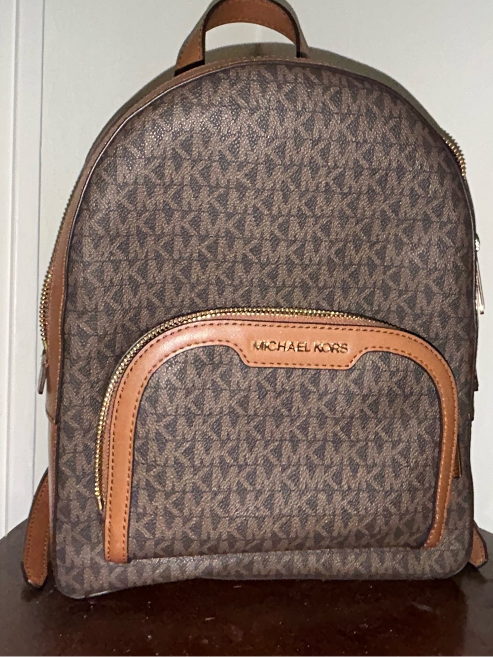Michael Kors Brown Monogram Backpack with Tan Trim